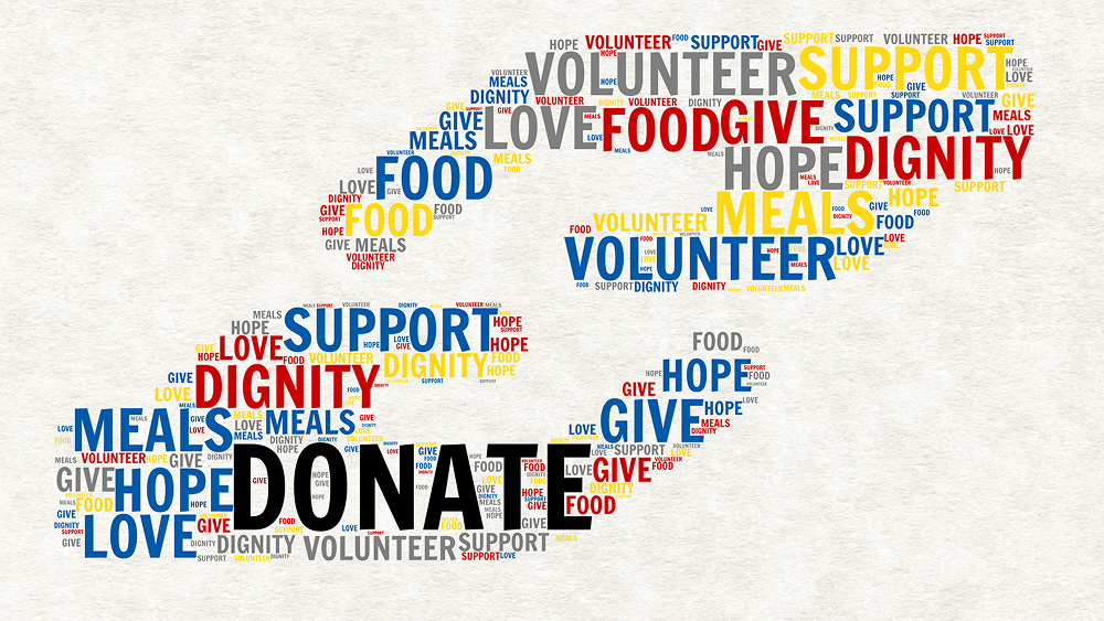 Word cloud in the shape of two hands holding the word ‘DONATE,’ surrounded by words such as ‘support,’ ‘volunteer,’ ‘hope,’ ‘food,’ ‘meals,’ and ‘dignity’ in various colors on a light background.
