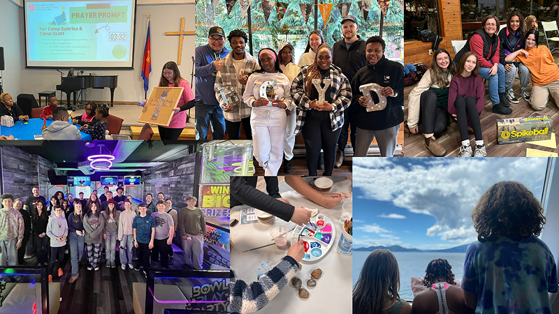 Collage of photos showing children and teens participating in group activities, including classroom learning, arts and crafts, group outings, and outdoor experiences, with small groups gathered in different recreational and educational settings.