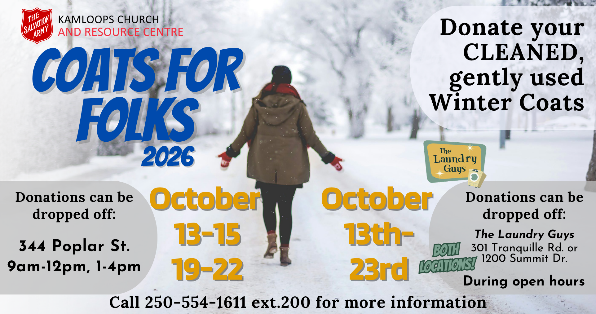 A woman in a winter coat in the snow with program information