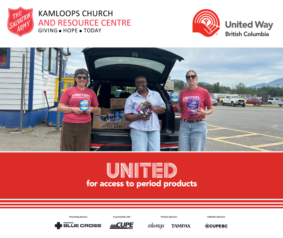 Three adult females holding feminine hygiene products in front of an open car